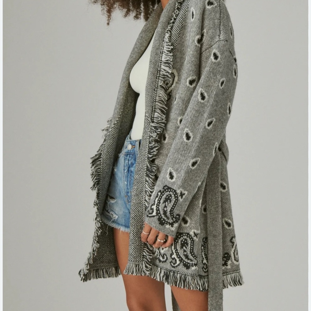 Lucky Brand Gray Fringe Paisley Knit Cardigan